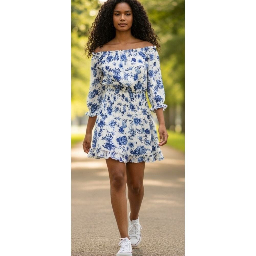Main Strip Blue Rose Floral Shirred Waist Mini Dress